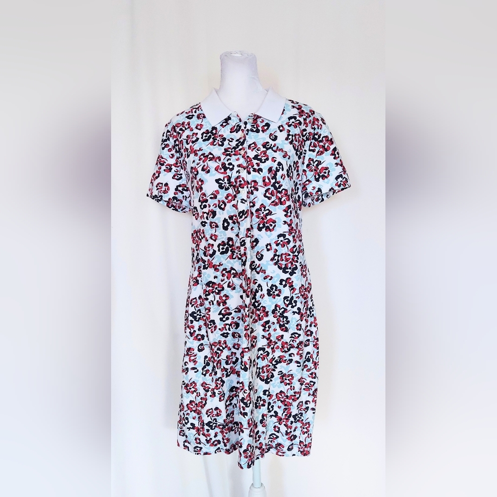 Tommy Hilfiger Short Sleeve Knee Length Polo Dress Blue Red Floral Size Large